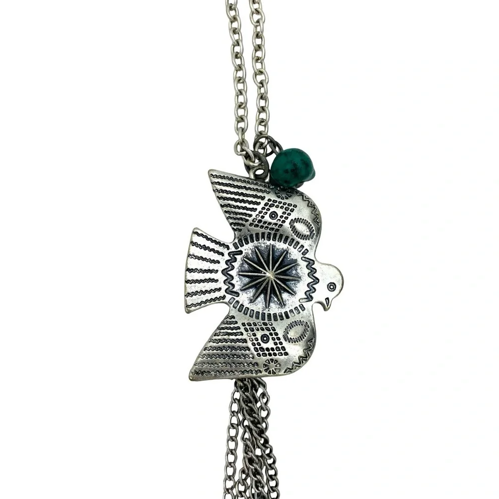 Vintage Thunderbird Phoenix Long Dangle Necklace Silver Tone Metal Turquoise